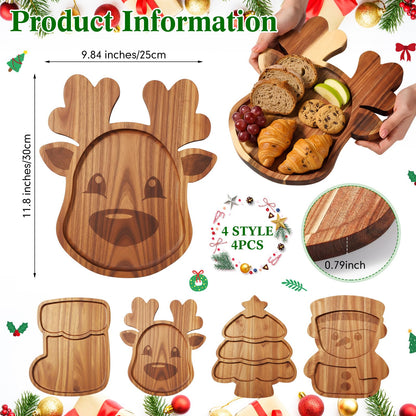 Bokon 4 Pcs Christmas Charcuterie Board 12"x10" Wooden Gingerbread Xmas Cutting Boards Serving Trays for Dessert Cheese Bread Snack Holiday Decor Gift for Christmas Party(Snowman,Acacia Wood)
