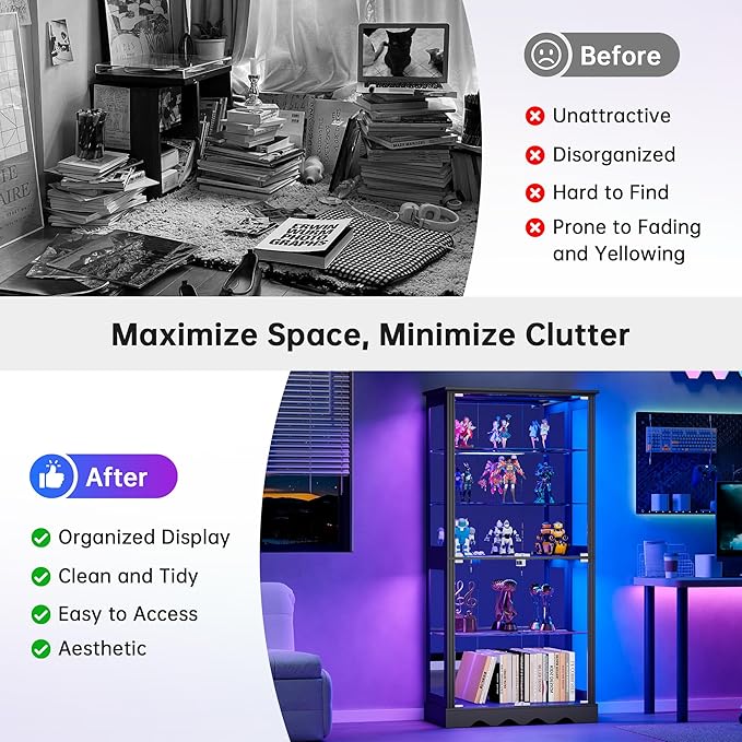 Dystler Display Cabinet with Glass Doors, LED Display Case with Removable Shelf