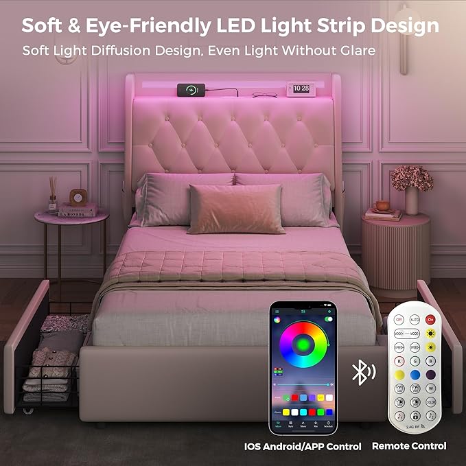 Twin LED Velvet Bed Frame with 2 Storage Drawers&Hidden Headboard, Upholstered