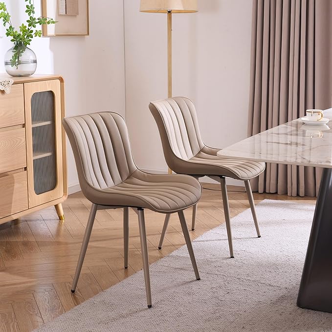 YOUNUOKE Mid-Century Modern Dining Chairs Set of 2, Khaki PU Leather