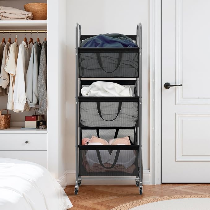 STO STO 3-Tier Vertical Laundry Hamper with Wheels, 120L Rolling Laundry Sorter with 3 Removable Breathable Mesh Bags, Rust-Resistant Steel Frame for Small Spaces, Apartment, Dorm, Black Mesh