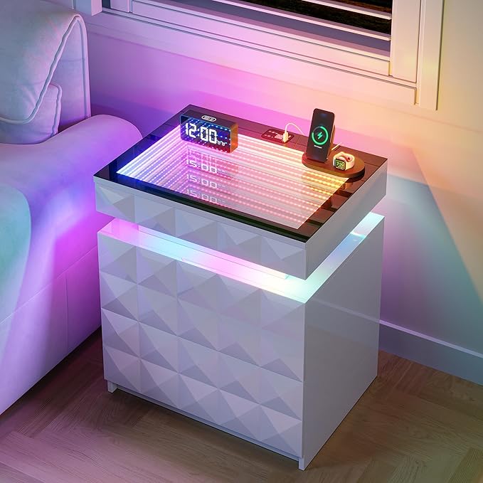 HWB Nightstand with RGB Lights, 3 Drawers Night Stand with Hidden Storage