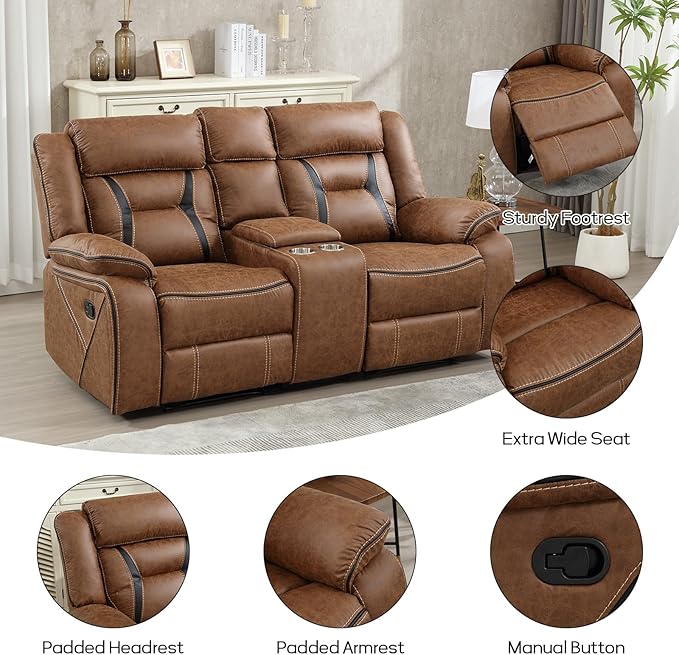 EBELLO Faux Leather Manual Loveseat Recliner, 2 Seat Reclining Sofa Chair