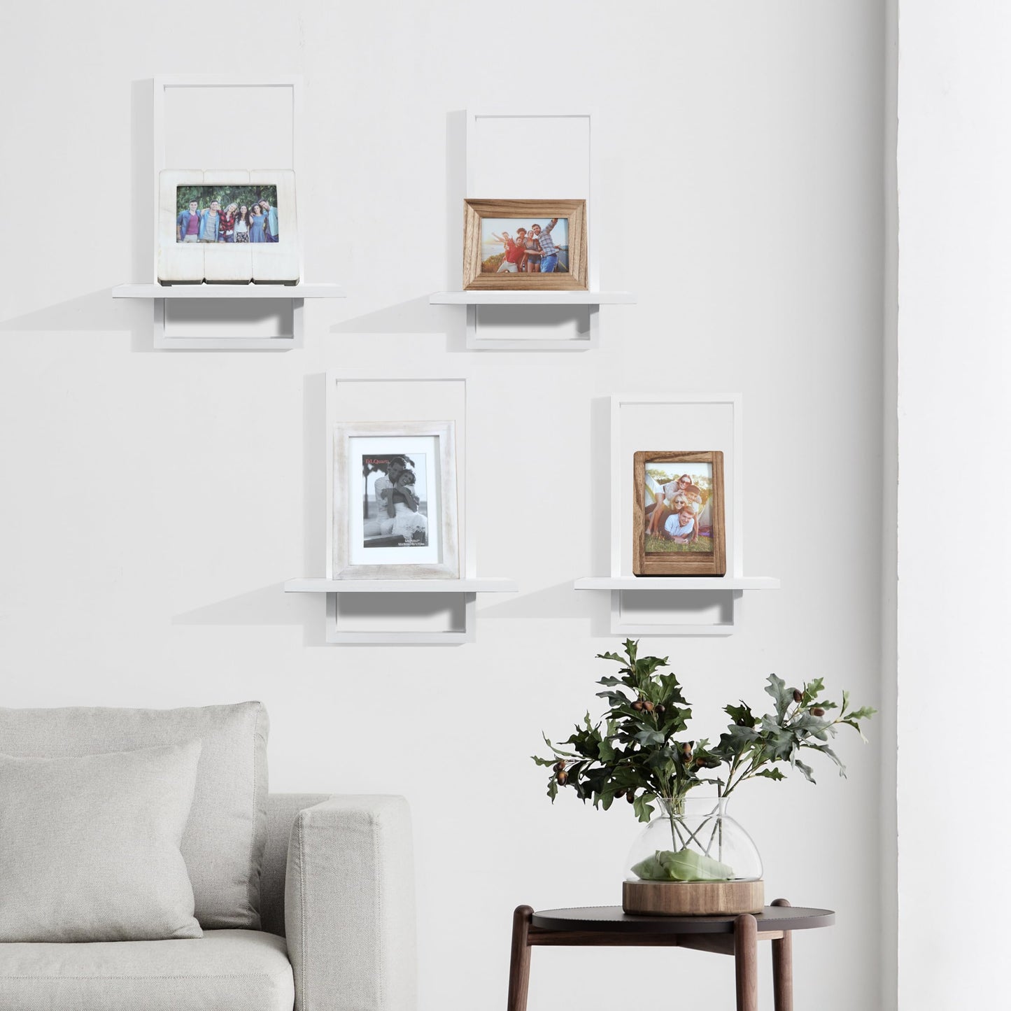 PHOENANCEE Square Wall Shelf,Framed Floating Shelves Set of 2,Decorative Plants Hanging Display Chic for Living Room Bedroom Bathroom Home Office,Soild Wood,L+S,White