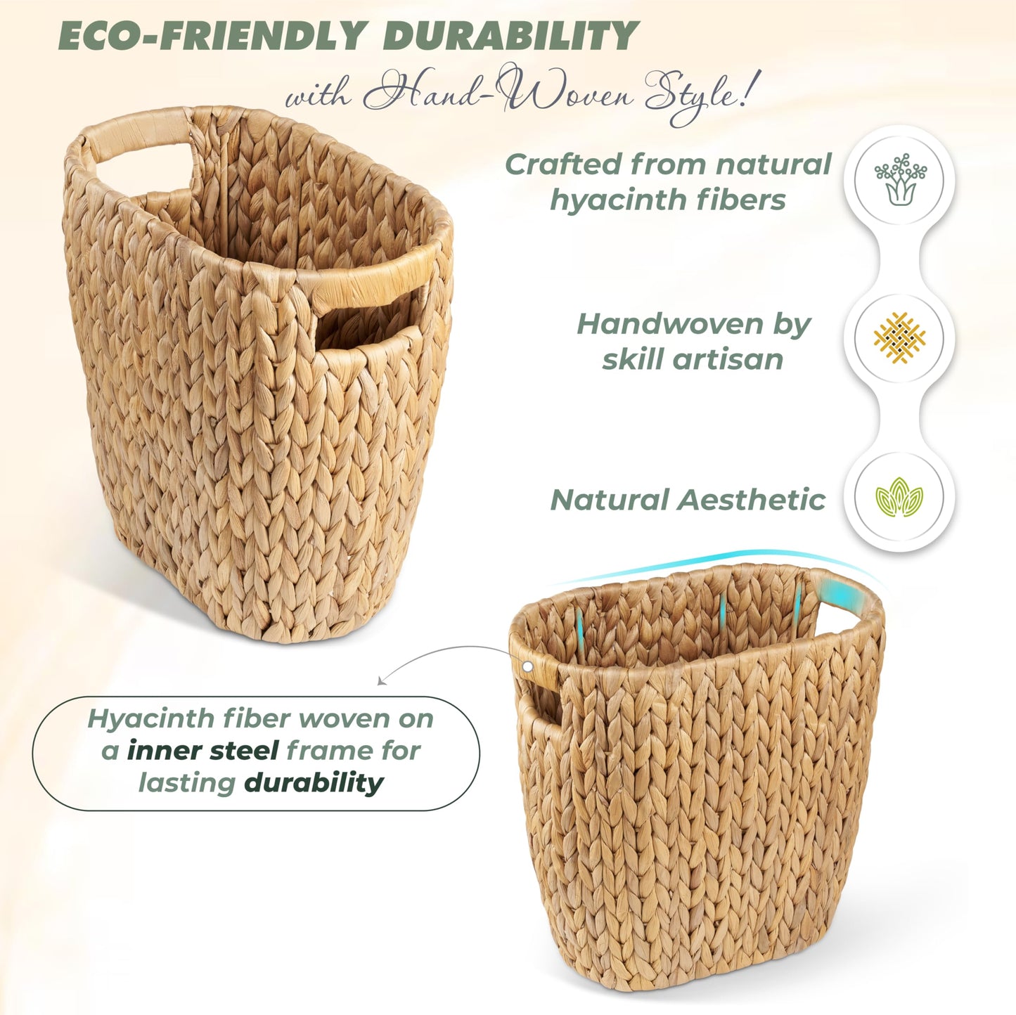 BLUEWEST 3.5 Gallons Wicker Trash Can, Wicker Rattan Bathroom Trash Can with Built-in Handle, Large Handwoven Hyacinth Waste Bin for Office, Bedroom, Living Room, and Kitchen