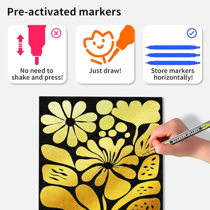 NAWOD 3 Gold Acrylic Paint Pens Markers, Dual Tip (Fine 1mm + Dot 5mm), for Rock Painting Fabric Canvas Glass Wood Ceramic Paper Eggs, Fabric Marker Ideal for Labeling DIY Crafts Art Projects