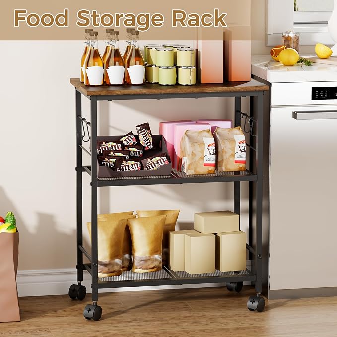 BEWISHOME Rolling Kitchen Cart 3 Tier, Microwave Kitchen Cart with Storage Function, Practical Roller Cart with 4 Locking Wheels for Kitchen, Living Room, Bathroom, Office, Bar (Brown) 99ZCC01H