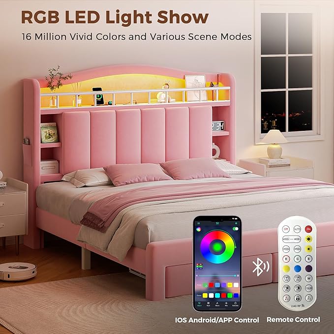 Full LED Bed Frame with Storage Headboard & 2 Storage Drawers, Princess Velvet