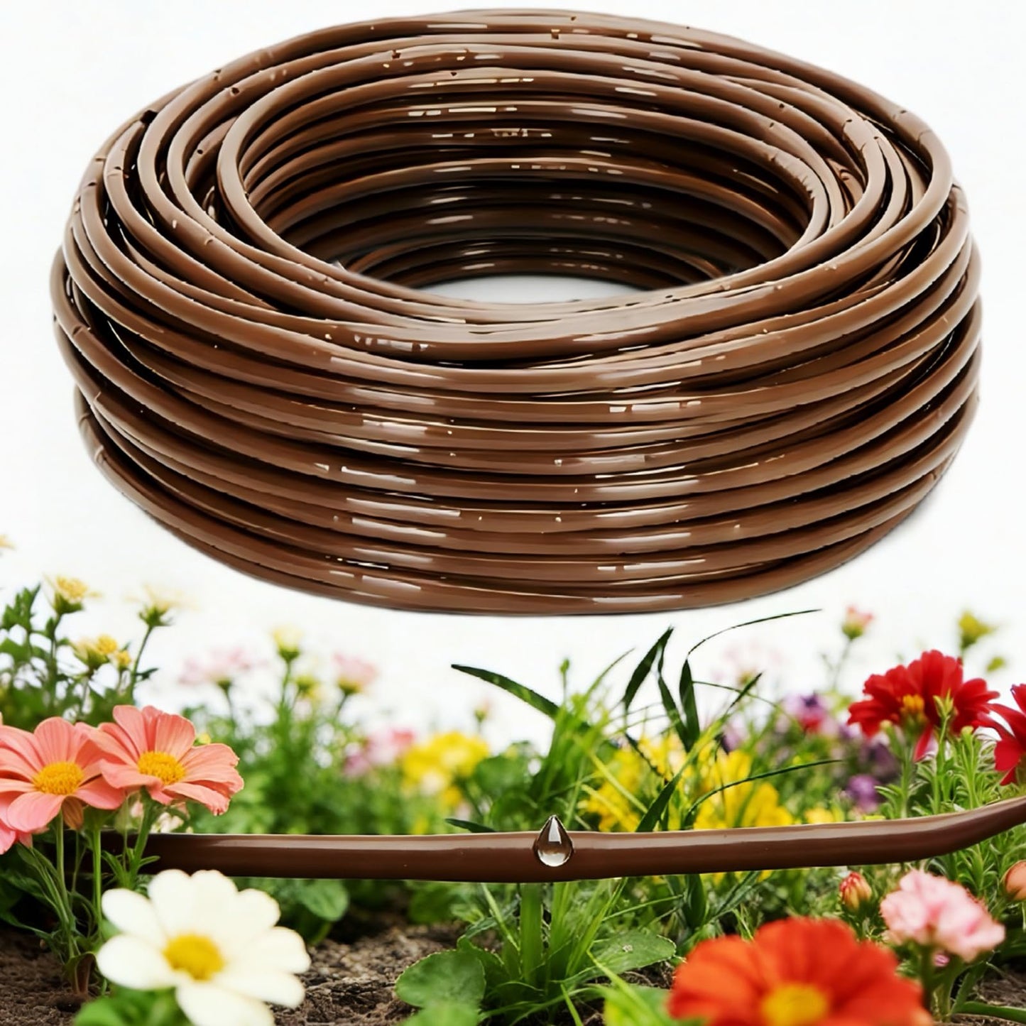1/4" Drip Irrigation Tubing with 6" Emitter Spacing, (100 Ft Roll) Hydroponics Dripline with Built-in 0.5 GPH Dripper, Drip Line for Landscape Irrigation, Tree Watering and Greenhouses (Brown)