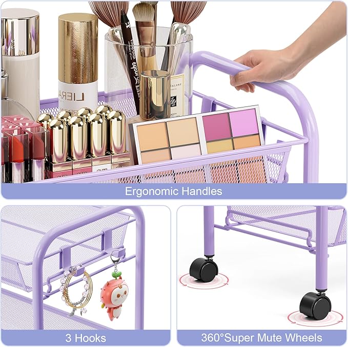 TOOLF 3-Tier Metal Rolling Cart, Mesh Wire Easy Assemble Utility Cart, Storage