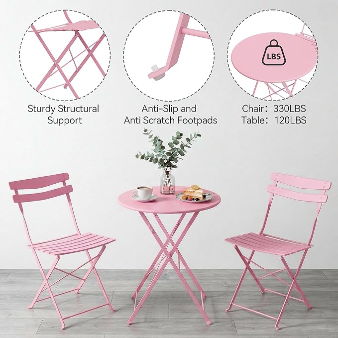 GarveeLife 3 Piece Patio Bistro Set, Folding Patio Bistro Table and Chairs Set
