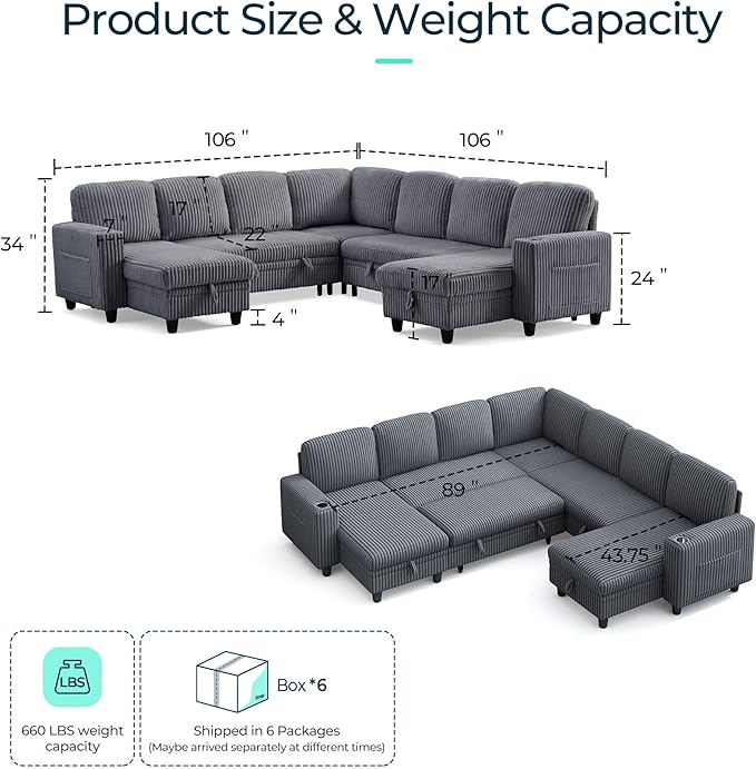 LINSY HOME Sectional Sleeper Sofa Pull Out Couches