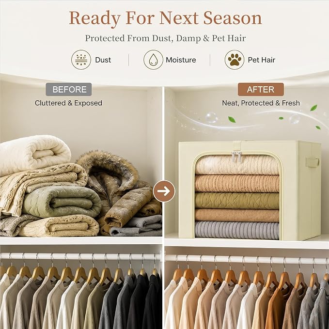 GoMaihe Clothes Storage Bins with Metal Frame, 40L Sweater Storage Boxes for Above Shelf Closet, 4 Pack Stackable Clothing Storage Organizer with Clear Window for Jeans Hoodies T-shirt – Beige