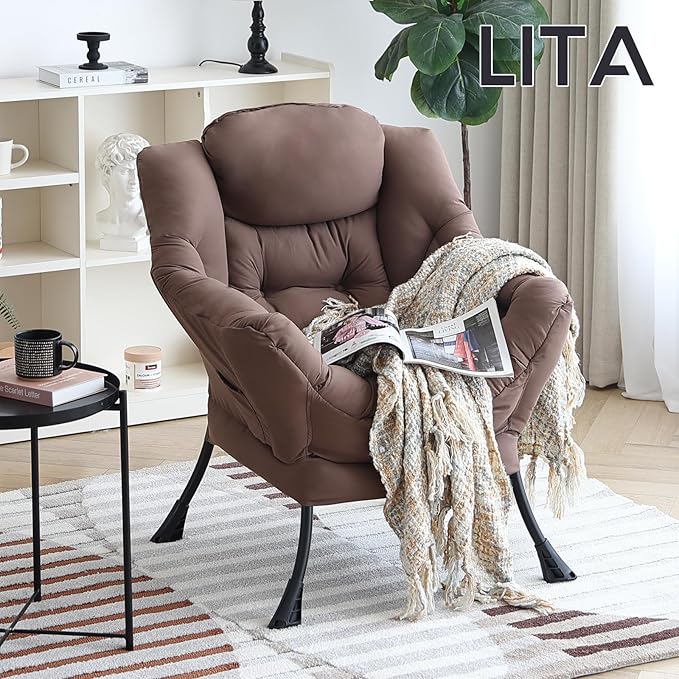 LITA Lazy Chair with Armrests and Side Pocket, Modern Upholstered Accent