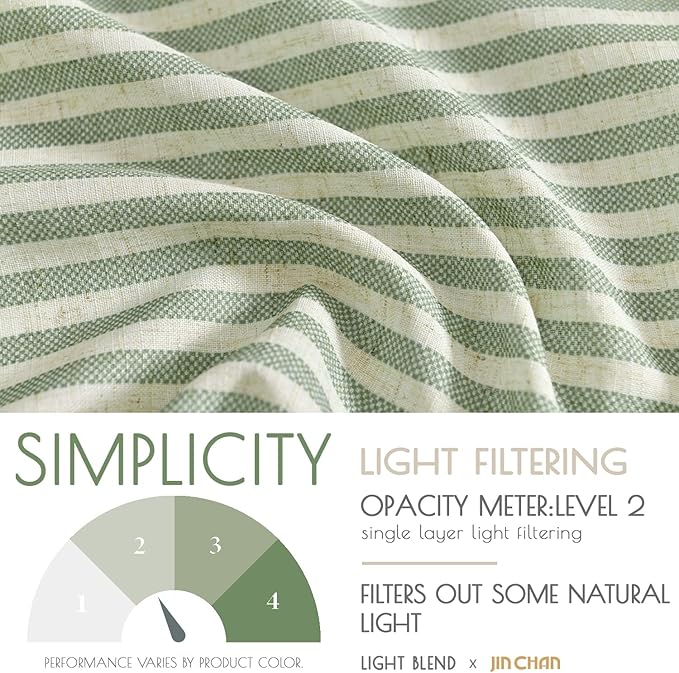 jinchan Tab Top Linen Kitchen Curtains 24 Inches Striped Tier Curtains Farmhouse Modern Cafe Style Small Window Treatments Airy Light Filtering Rod Pocket for Living Room Bathroom 2 Panels Sage Green