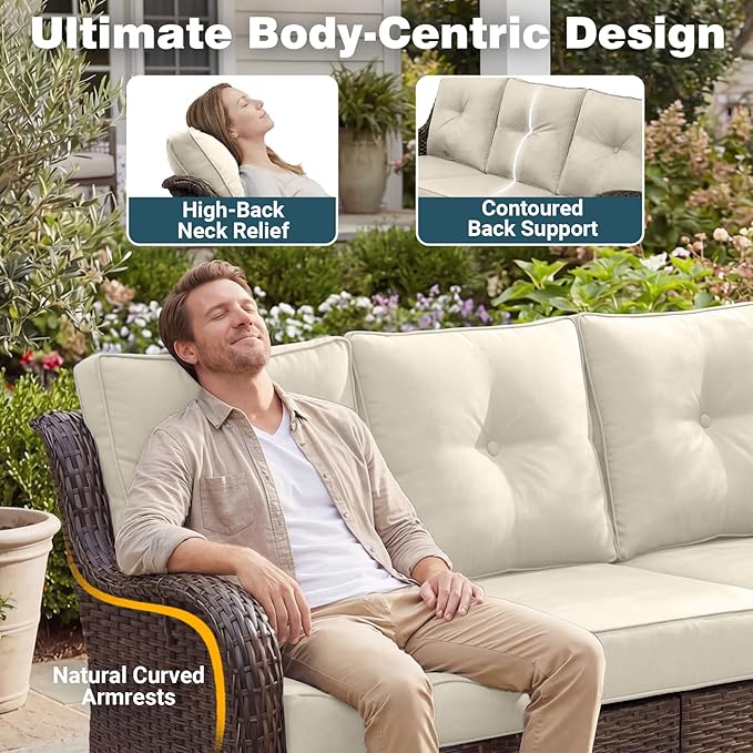 Patio Furniture Set, High Back Rattan Sofa & Swivel Rocker Chairs, Weather
