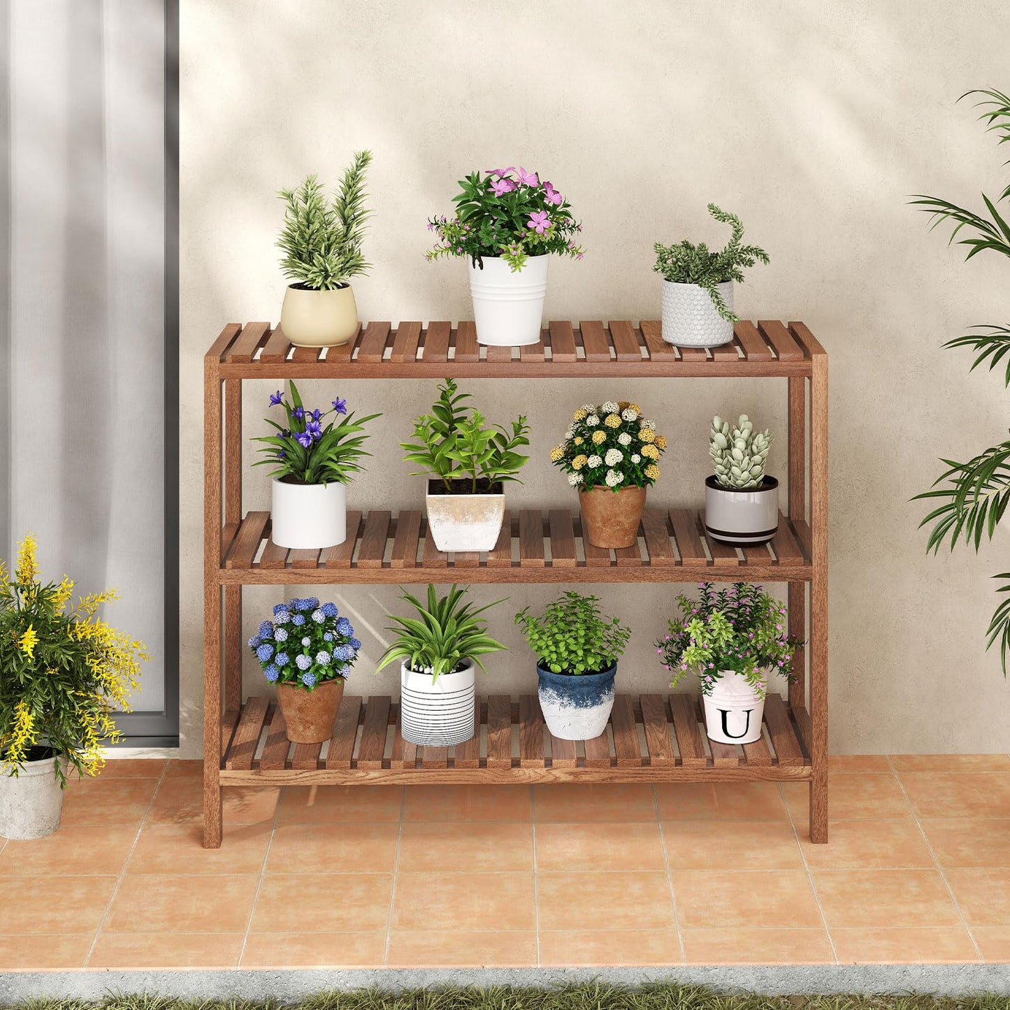 Giantex 3-Tier Wooden Bookshelf, Teak Wood Stand Storage Shelf, Rustic Plant Stand, Slatted Shelves, Farmhouse Storage Organizer, Multifunctional Display Rack for Entryway Living Room Bedroom