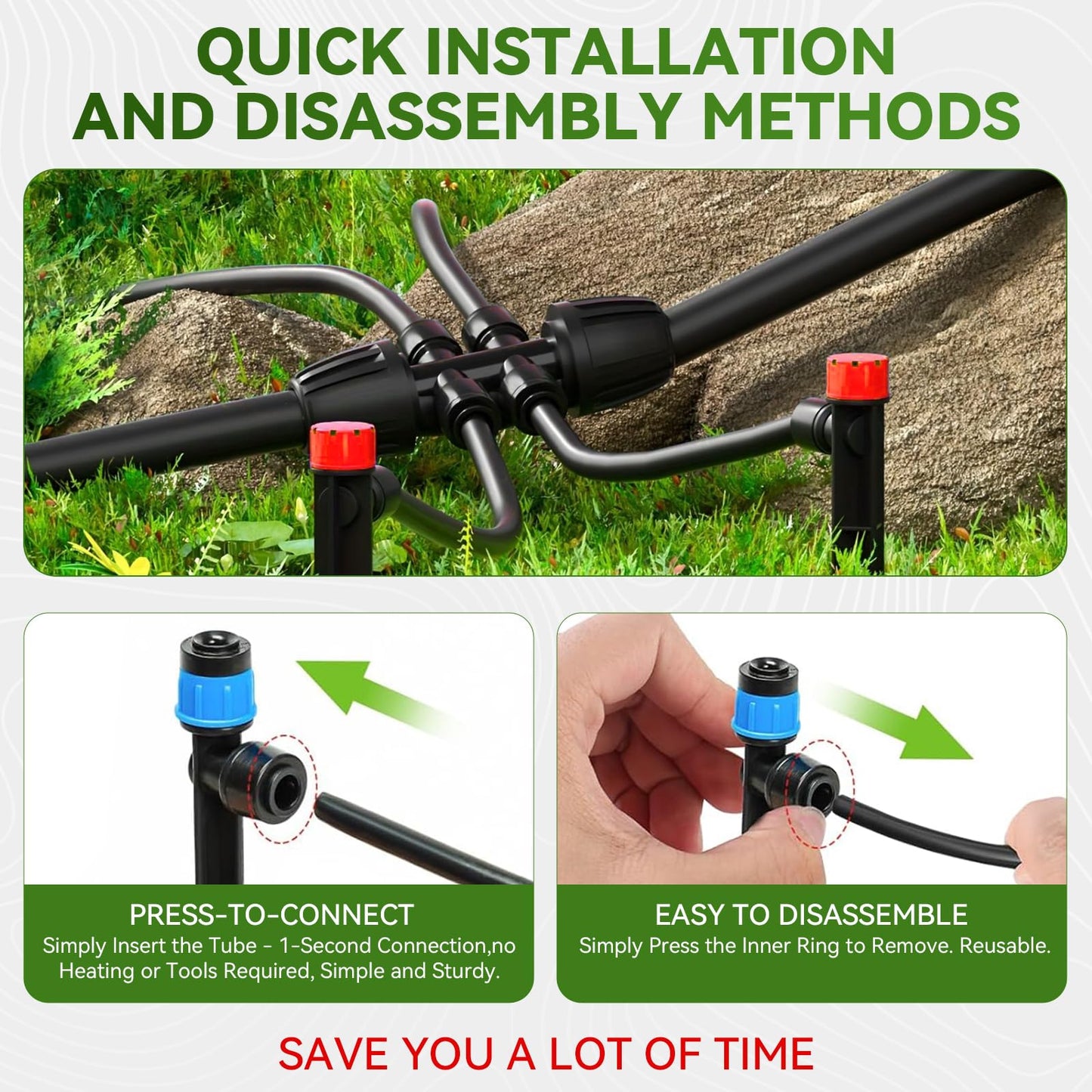 Drip Irrigation System,106FT Automatic Garden Watering System with 1/2" & 1/4" Fast-Lock Tubing Adjustable Nozzles & Sprinklers,Quick-Connect Drip Irrigation System Kit for Garden,Lawn,Potted Plants