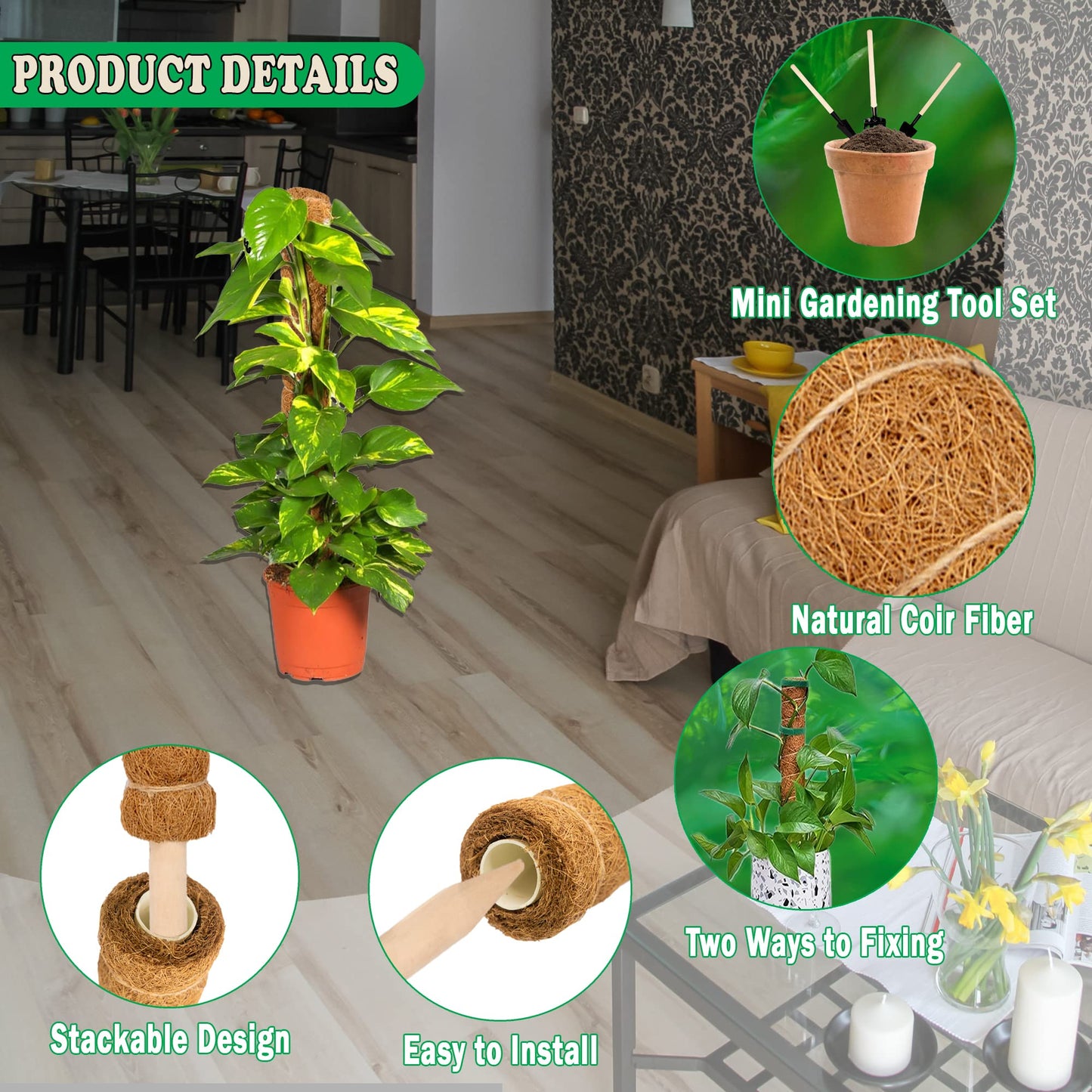 XIRENE 4 Pcs Moss Pole Extending to 51.1 Inches for Plants Monstera, Coco Coir Moss Sticks for Indoor Plants Support Stakes for Climbing Plants Grow Upward with Jute Rope, Tool Set and Hook-Loop Strip