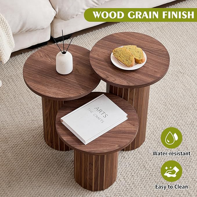 Round Side Tables Set of 3, Circle Modern Fluted Nesting Coffee Table, Accent