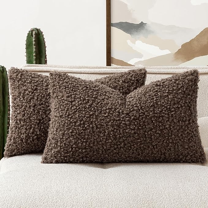 Faux Fur Throw Pillow Covers 20x12 Inch Set of 2 Boucle Neutral Decorative