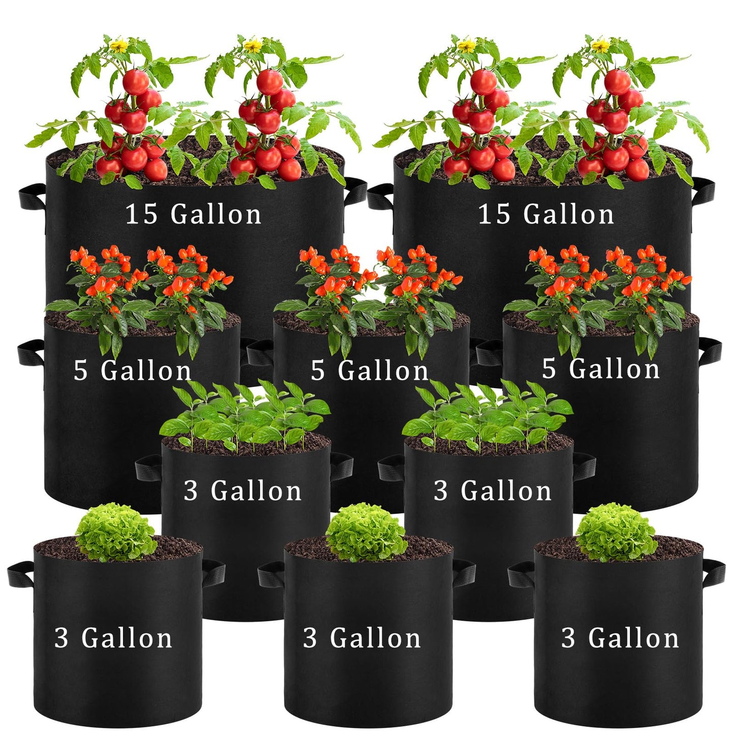 Wovnet 10 Pack Plant Grow Bags 15 Gallon 5 Gallon 3 Gallon Heavy Duty 300g Thickened Nonwoven Aeration Fabric Pots with Handles for Garden Indoor & Outdoor Planting, Moisture Retaining