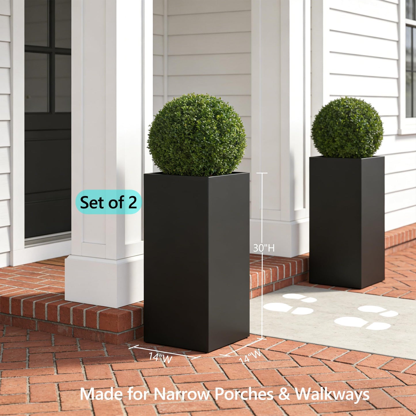 Set of 2 Tall Metal Planter Box for Outdoor Plants,14" L x 14" W x 30" H Heavy Duty Tall Outdoor Planter with Removable Insert Shelf for Porch, Patio, Backyard| Modern Décor|Built-in Drainage|(Black)