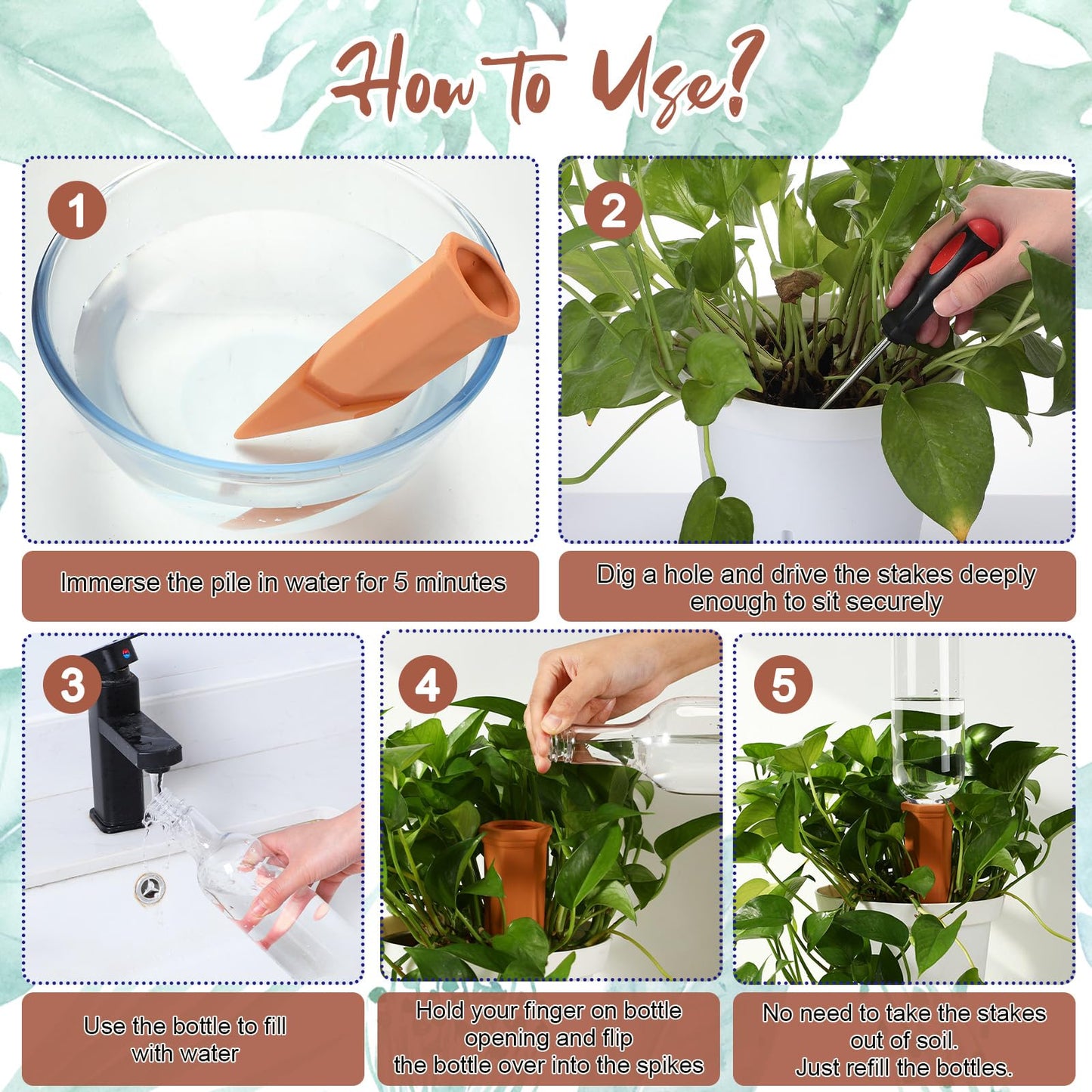 SiliFine 3 Sets Plant Watering Devices Include Terracotta Self Watering Spikes and 26 oz Plastic Bottles, Slow Release Vacation Insert Automatic Plant Waterer Device (Blue Clear Brown and Terracotta)