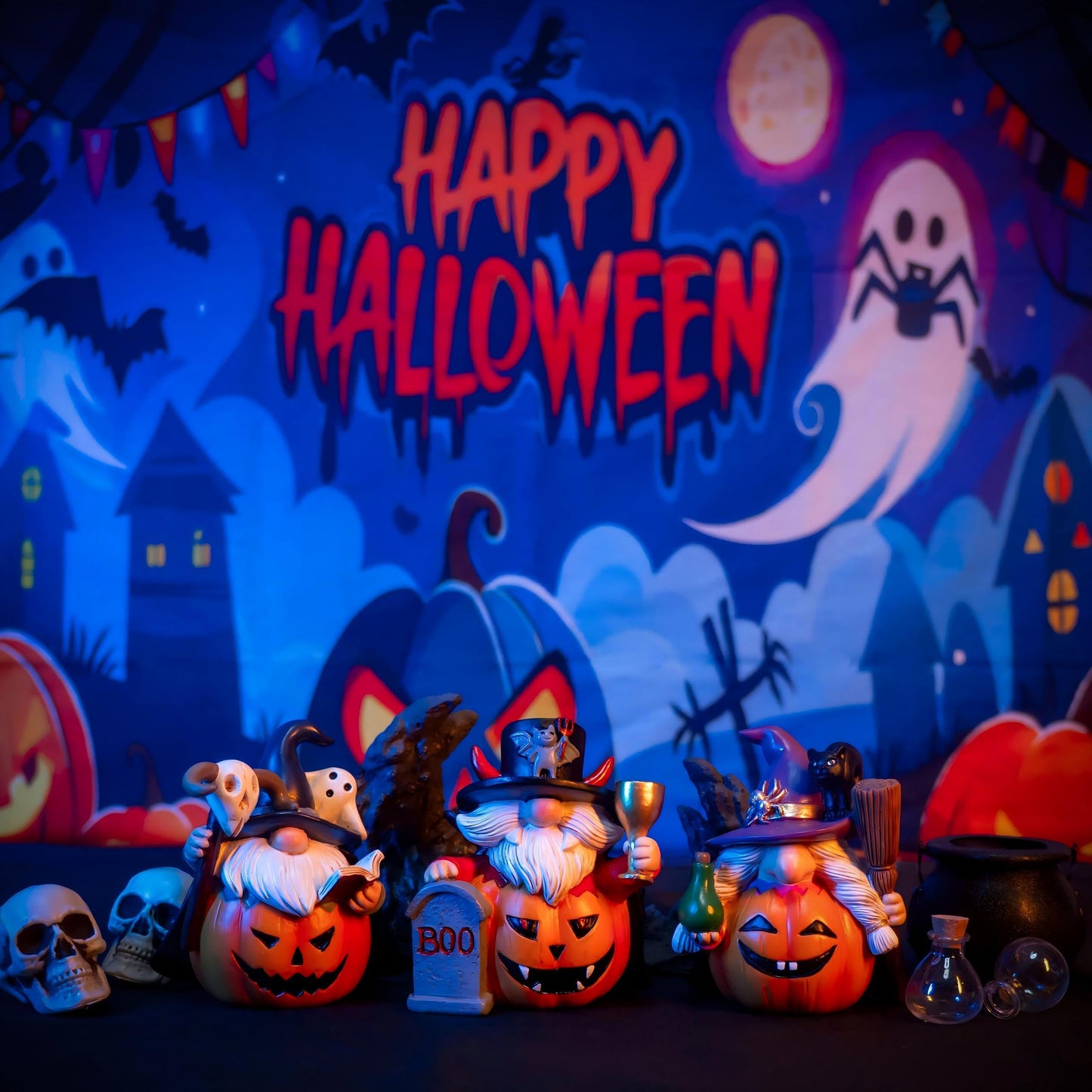 WZAPPKEW 3PCS Halloween Gnomes Figurines Decor Pumpkin Themed Handmade Resin Gnome Halloween Decor Vampire Wizard Witch Gnomes Gifts for Women Home Decor Statue for Tier Tray (Pumpkin)