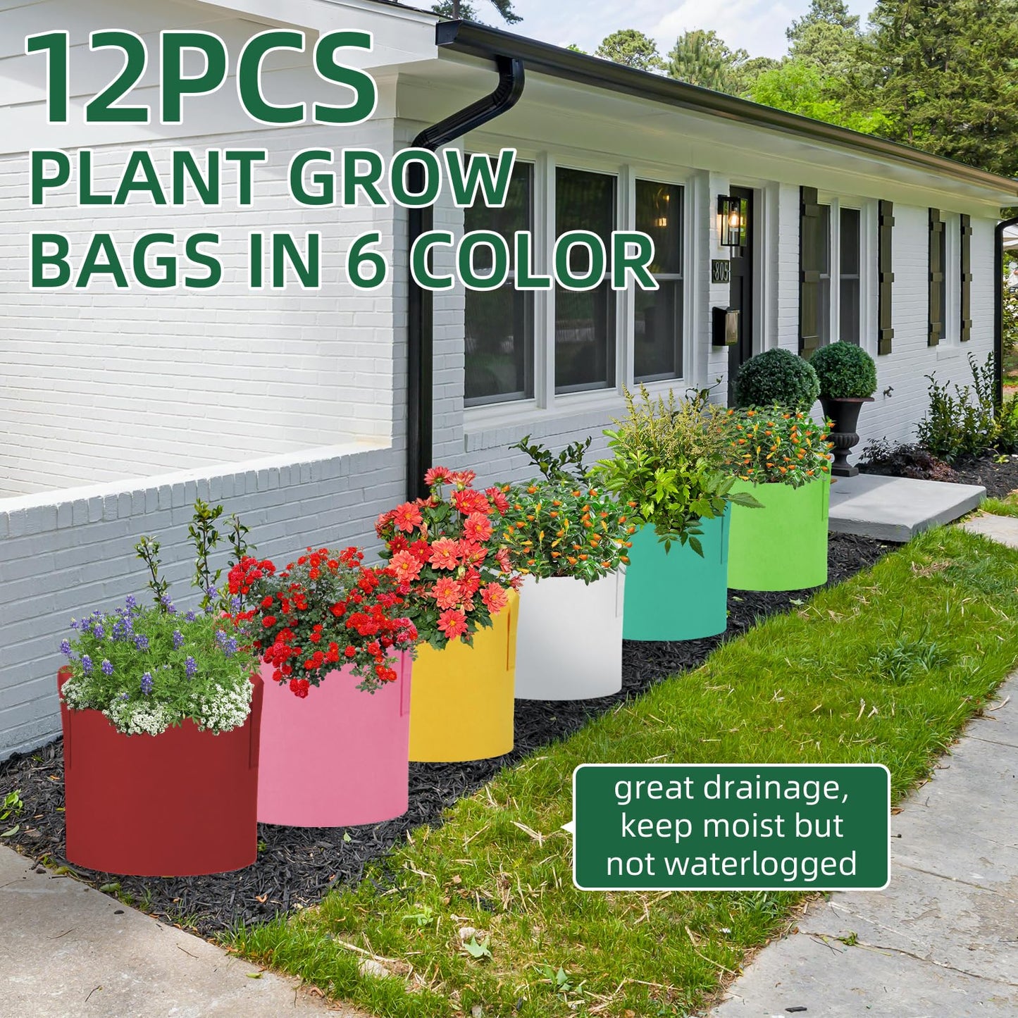 AiVeUao 12 Pack 7 Gallon Multicolor Grow Bags, Potato Planting Bag, Colorful Plant Grow Bags with Handles, Garden Planter Pots for Potatoes, Carrots, Tomatoes with Plant Labels, Mixed Color