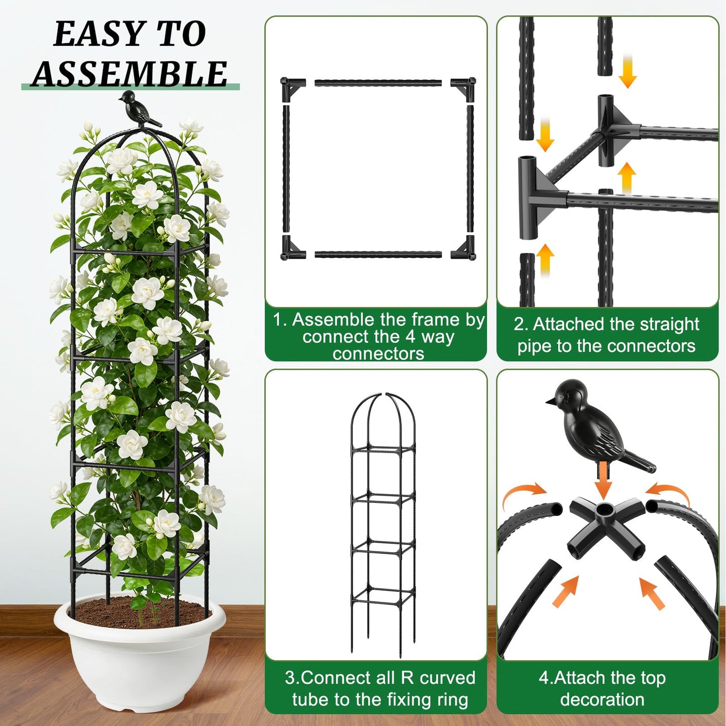Fabulas Garden Obelisk Trellis for Climbing Plants Outdoor, 6 Ft Rustproof Plastic Coated Metal Vine Plant Trellis Support for Pots, Wisteria, Morning Glory, Clematis, Jasmine, Rose, Tomato, 2 Pack