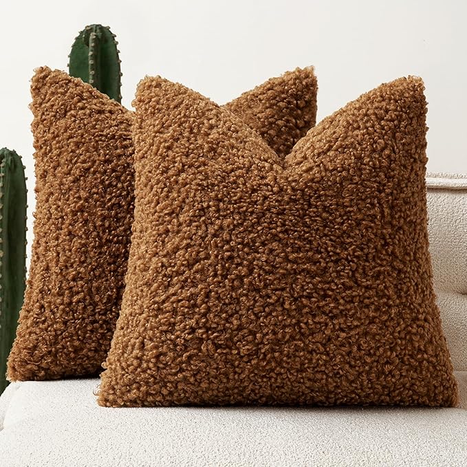 Faux Fur Throw Pillow Covers 24x24 Inch Set of 2 Boucle Neutral Decorative