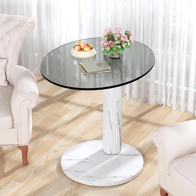 Hooseng Glass Round Coffee Table End Table, 22-Inch Modern Tempered Transparent