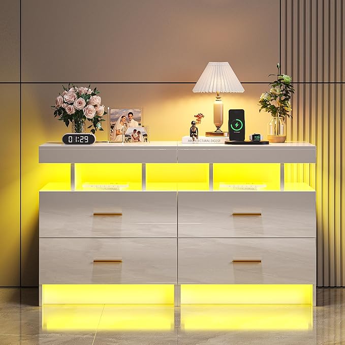 HNEBC Nightstand Set of 2 with Charging Station, Auto LED Night Stand with