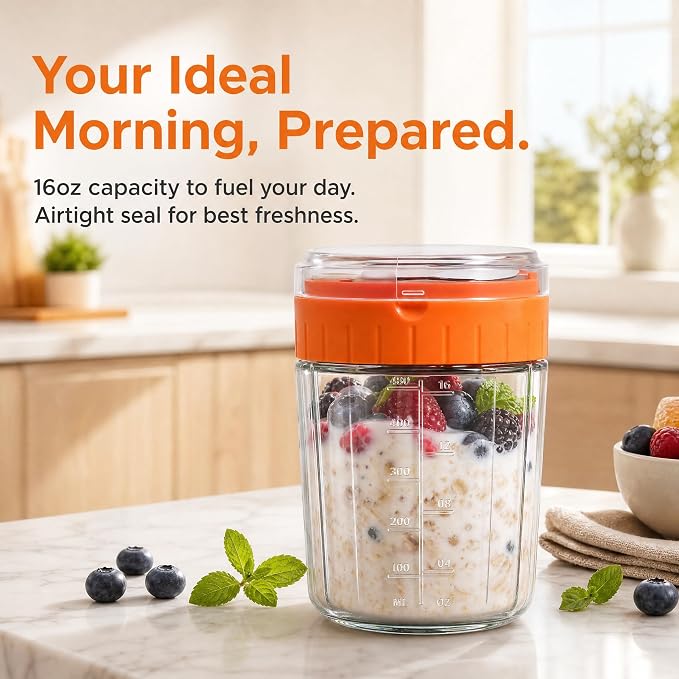 EONJOE Overnight Oats Containers with Lid and Spoon - 16oz Glass Mason Jars for Meal Prep, Yogurt,Pudding- Set of 4