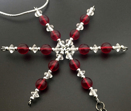 Track Round Ornament - Beaded Snowflake Christmas Ornament with Red Beads