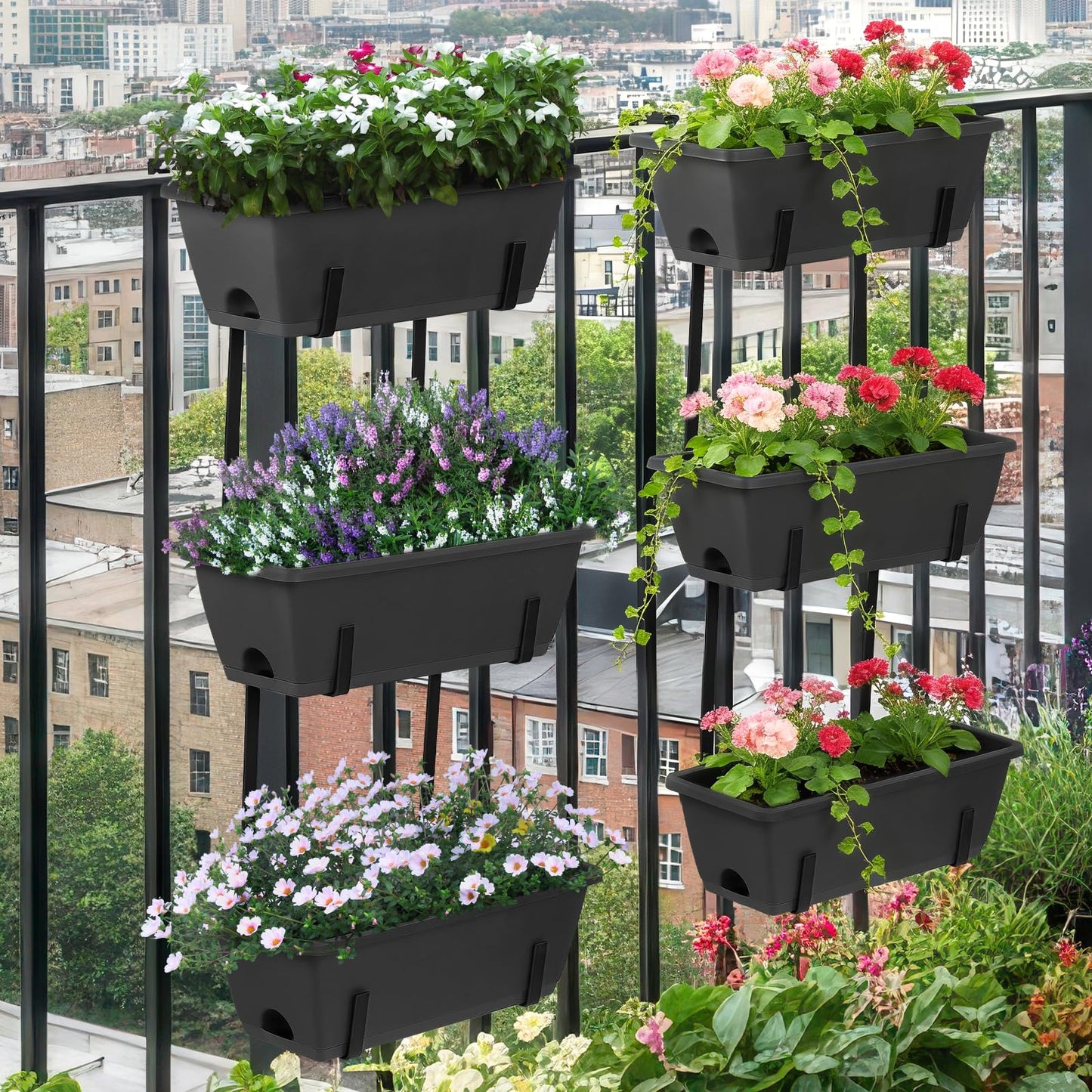OYEAL Deck Railing Planter Boxes Set of 2 Over Fence Planters for Outdoor Plants, Hanging Window Planter Boxes with Adjustable Brackets, 6 Plastic Flower Boxes, Grey