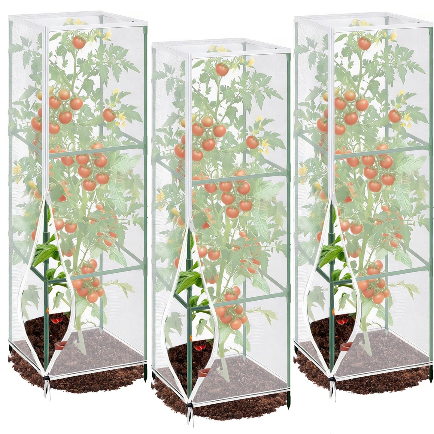 3 Pcs Garden Bird Net Cover for Square Tomato Cage, 59"x17.7" Insect Bird Barrier Tomato Cage Net with Zipper & Drawstring, Tomato Netting Protection Cover for Protecting,Cucumber from Birds, Insects