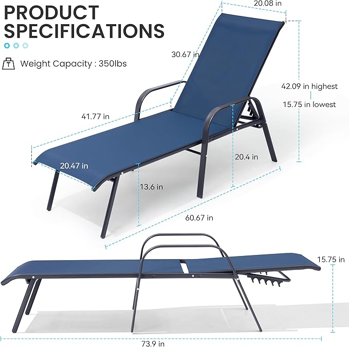 Crestlive Products Outdoor Chaise Lounge Chair, 5-Position Pool Lounge Chairs