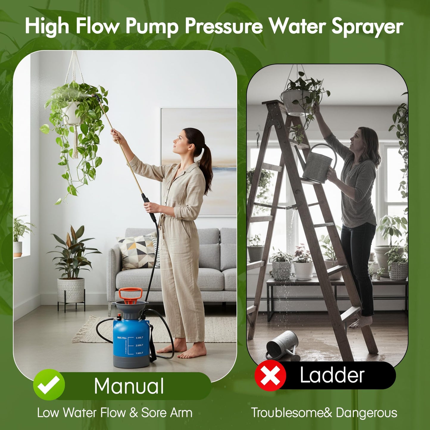 High Reach Plant Waterer for Indoor Hanging Plants, Telescopic Pump Pressure Sprayer with Brass Wand and 180° Adjustable Watering Nozzle, Leak Proof Anto/Manual Plant Watering Devices(0.8 Gal)