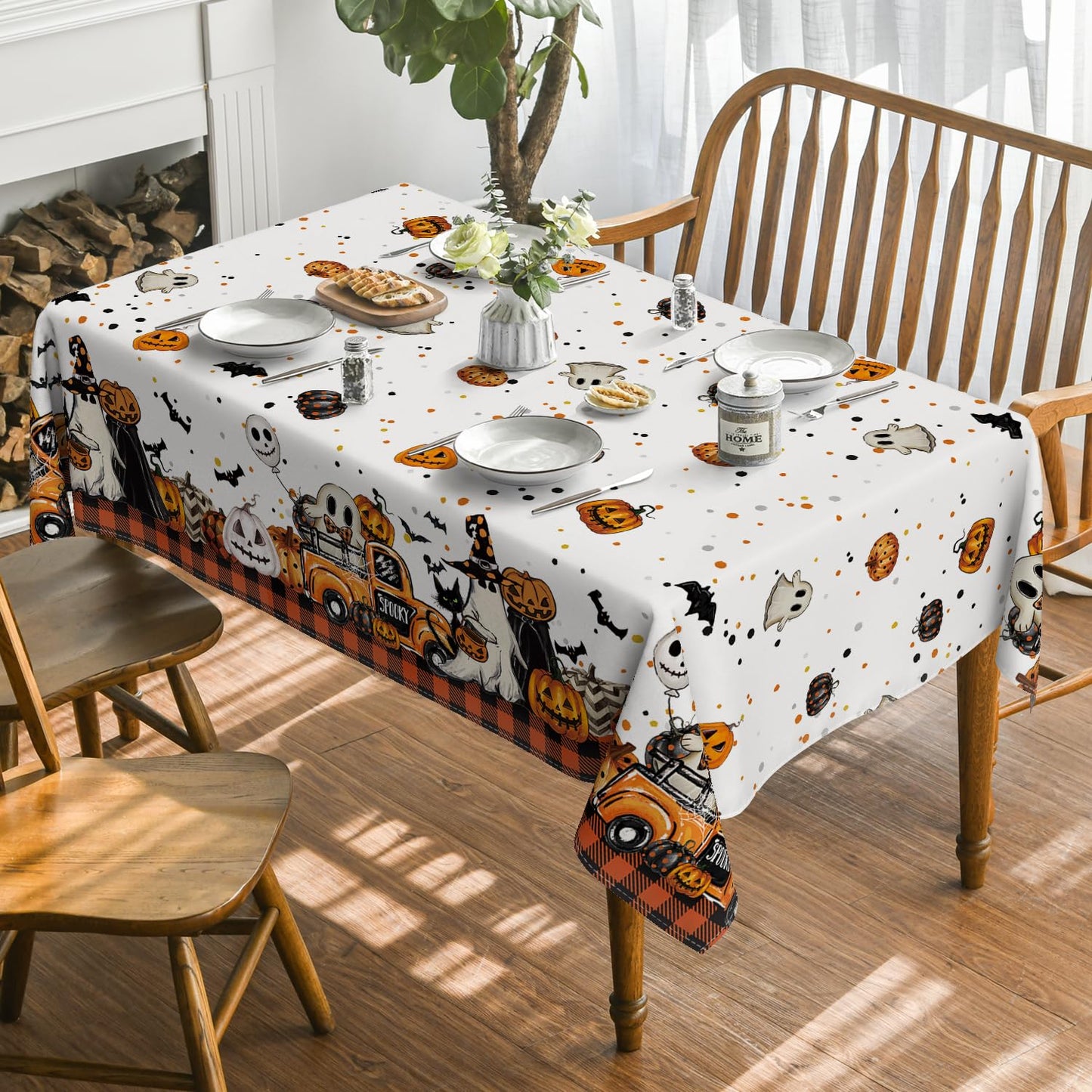 Horaldaily Halloween Tablecloth 60×60 Inch Square, Buffalo Plaid Jack-O-Lantern Pumpkin Bats Ghost Truck Washable Table Cover for Party Picnic Dinner Decor