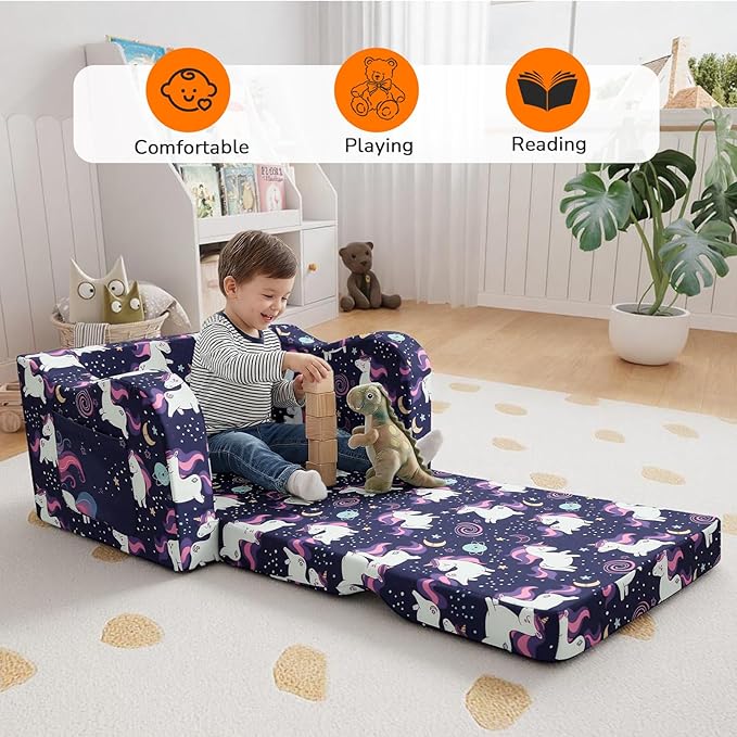 MeMoreCool Kids Folding Couch – Purple Unicorn Toddler Chair, Fold-Out 2-in-1