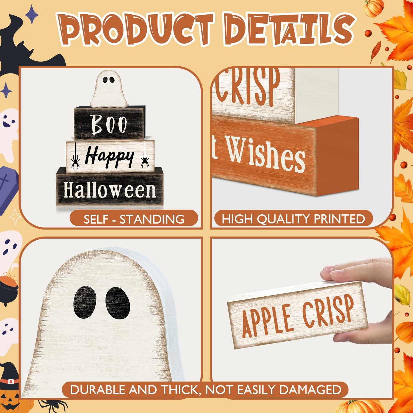 8Pcs Fall and Halloween Decor Wooden Ghost Pumpkin Table Decorations, Halloween Fall Tiered Tray Decor Rustic Cute Ghost Pumpkin Stack Signs Tabletop Centerpieces for Home Office Kitchen Shelf