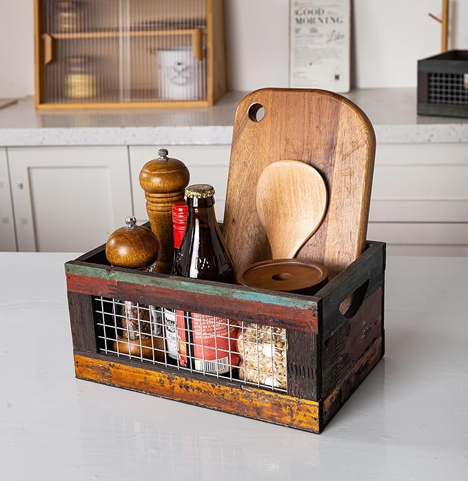 TIMRIS Set of 3 Rustic Wood Nesting Crates, Farmhouse Distressed Wooden Storage