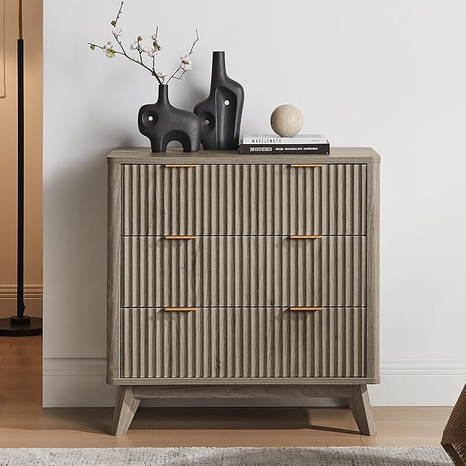 T4TREAM Fluted 3 Drawer Dresser, Curved Profile Design, Wood Drawer Organizer