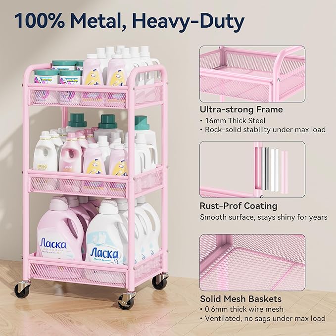 YASONIC 3 Tier Rolling Cart – Metal Utility Storage Cart