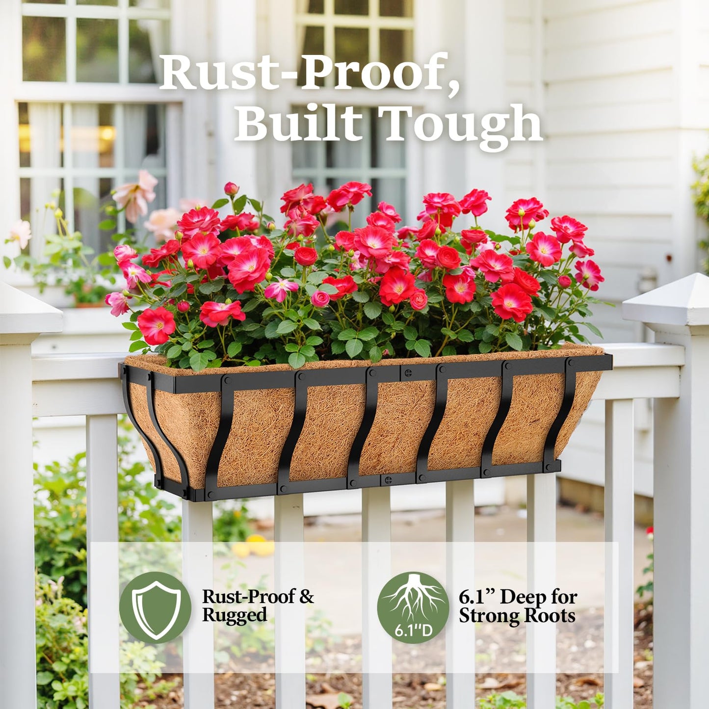 VOXOR Railing Planter Boxes, Heavy Duty Window Box Planters, Adjustable Balcony Planters for Railing Hanging, with Coco Liner & Support Rod for Deck, Porch, and Patio Gardening (3 Pack, 24 Inch)