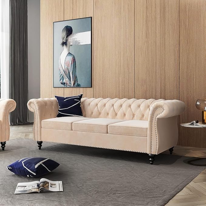 Mid-Century 3 Seater Sofa, Velvet Couch