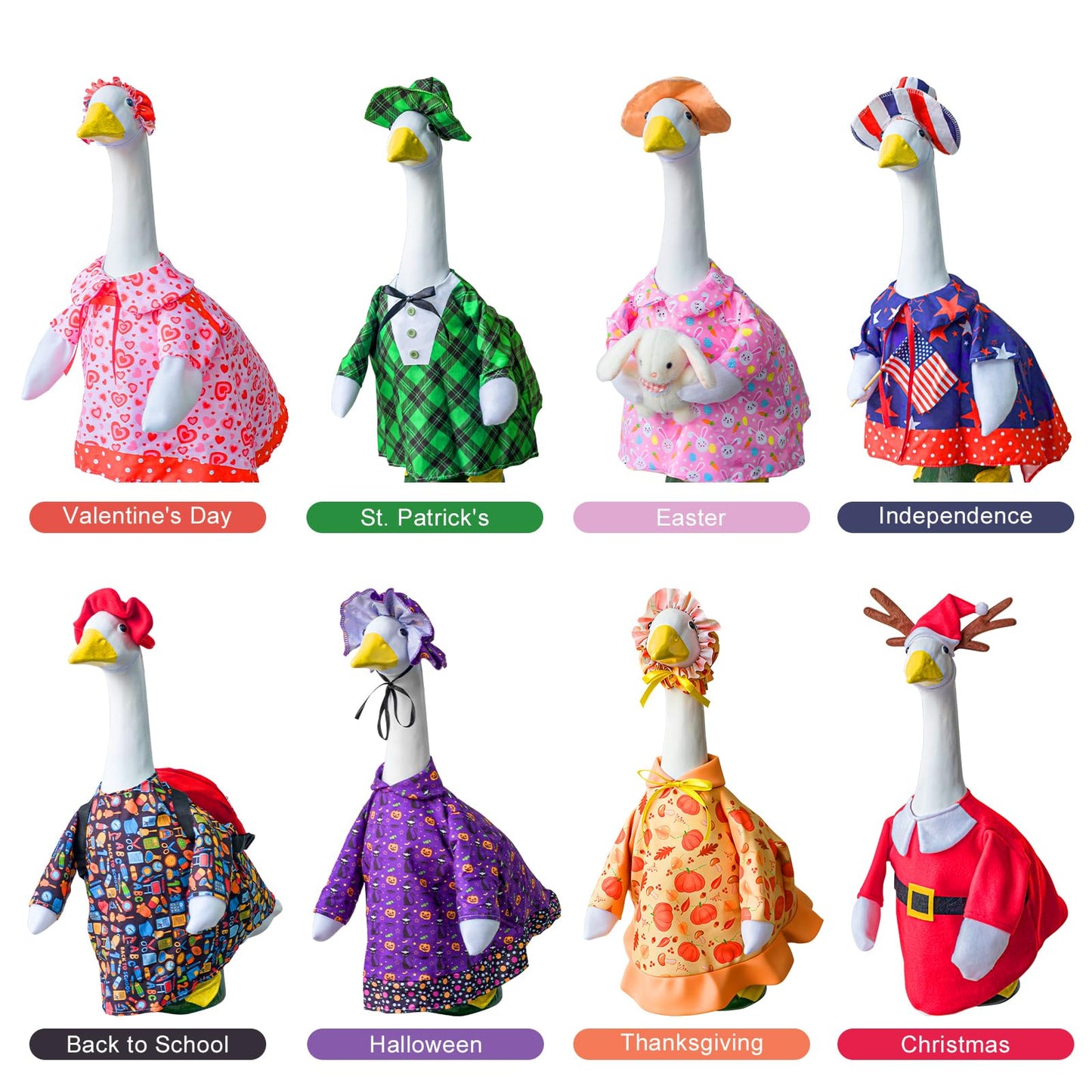 8 Set Porch Goose Outfits All Seasons Holiday Bundle, Valentine's Day, St. Patrick's, Easter, Independence, Back School, Halloween, Thanksgiving, Christmas Clothing for 23" Lawn Goose Patio Yard Deco