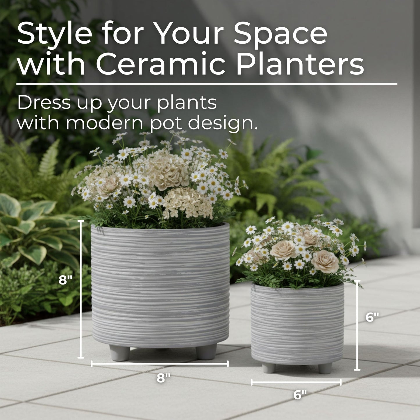 Set of 2 Footed Planters with Ridged Lines Accent – Ceramic Stoneware Outdoor & Indoor Plant Pot – Modern Garden & Home Decor Ceramic Planters – Stylish Pot for Plants – 6" & 8", Gray